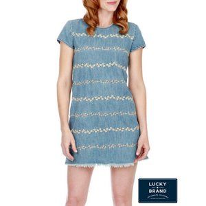 Lucky Brand Daisy Floral Denim Shift Dress Raw Freyed Hem XS